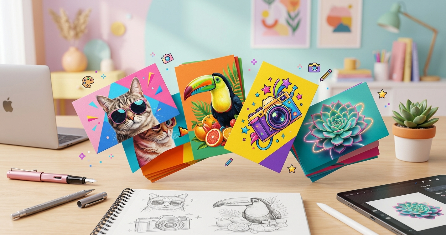 写真のようなイラストのポップな名刺作成